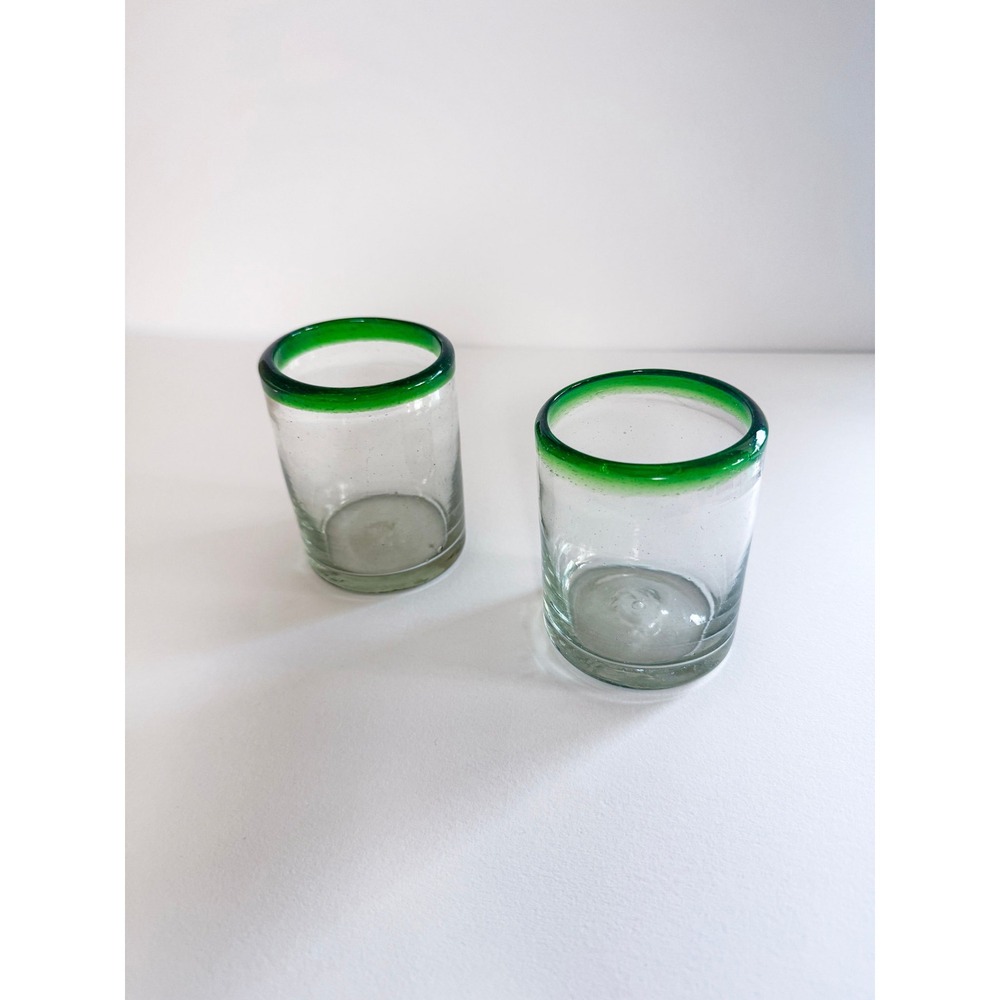 Mexican Handblown Green Rim Recycled Glass Tumblers Set of 2 Clear 4 Inch